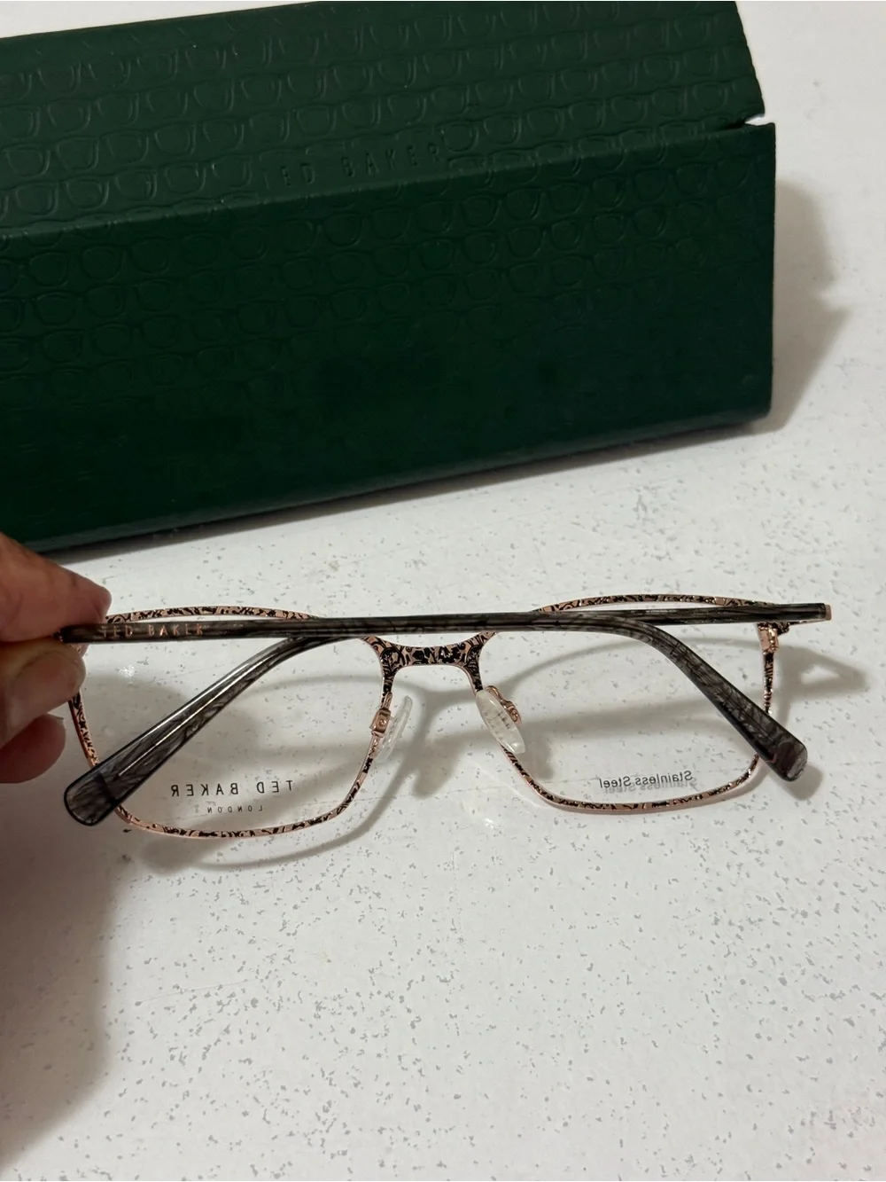 Ted Baker London purple clear lance glasses with green case